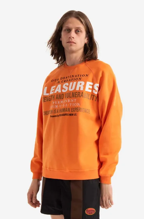 Mikina PLEASURES Permanent Crewneck pánská, oranžová barva, s potiskem, P22SP017