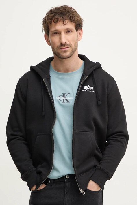 Mikina Alpha Industries Basic Zip Hoody SL pánská, černá barva, s kapucí, s potiskem, 118342.03