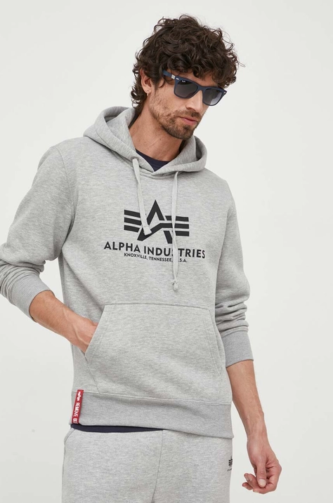 Mikina Alpha Industries Basic Hoody pánská, šedá barva, s kapucí, s potiskem, 178312.17