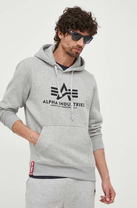 Кофта Alpha Industries Basic Hoody мужская цвет серый с капюшоном с принтом 178312.17