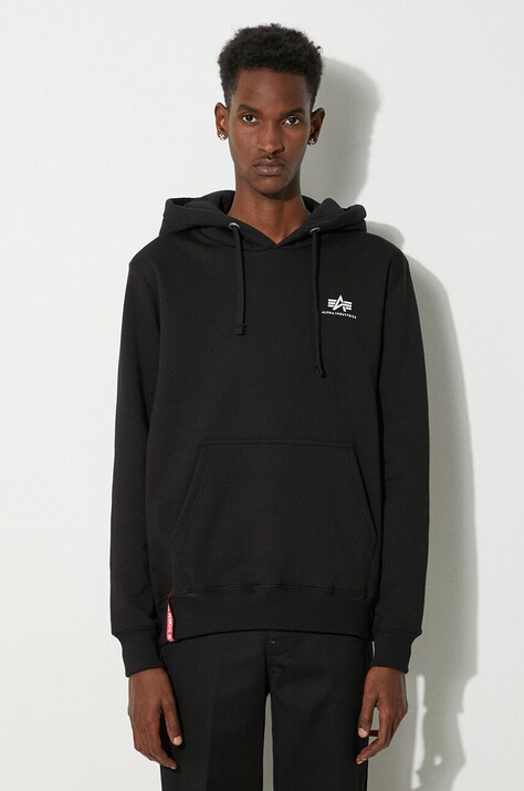 Mikina Alpha Industries Basic Basic Hoody Small Logo 196318.03, pánska, čierna farba, s kapucňou, s potlačou