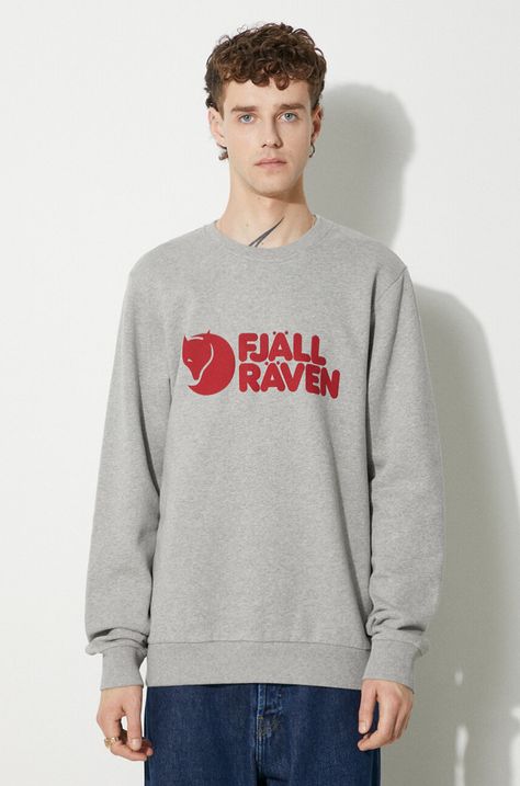 Fjallraven hanorac de bumbac Logo Sweater barbati, culoarea gri, cu imprimeu, F84142