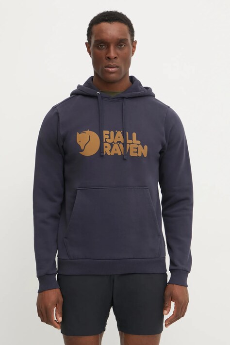 Bavlněná mikina Fjallraven pánská, tmavomodrá barva, s kapucí, vzorovaná