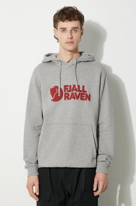Pamučna dukserica Fjallraven Logo Hoodie za muškarce, boja: siva, s kapuljačom, s uzorkom, F84144-020.999