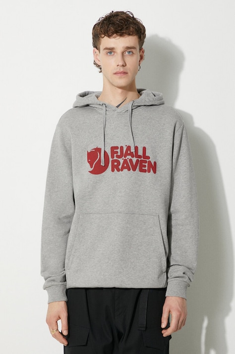 Fjallraven bluza bawełniana Logo Hoodie męska kolor szary z kapturem wzorzysta F84144-020.999