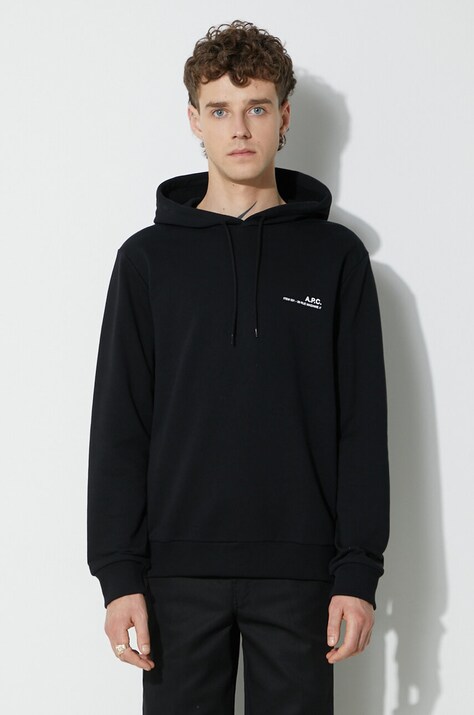 A.P.C. hanorac de bumbac Hoodie Item bărbați, culoarea negru, cu glugă, uni COEAS.H27672-DARKNAVY