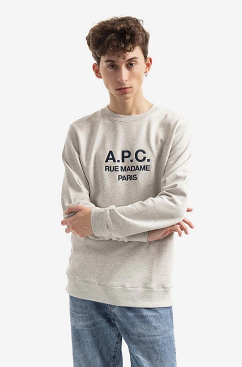 Pamučna dukserica A.P.C. Sweat Rufus za muškarce, boja: siva, s tiskom, COEBH.H27500-MARINE