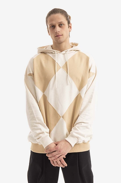 Bavlněná mikina Drôle de Monsieur Le Hoodie Argyle HO103 BEIGE pánská, béžová barva, s kapucí, vzorovaná