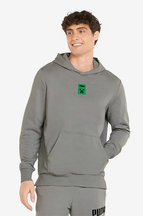 Памучен суичър Puma x Minecraft в сиво с качулка с принт