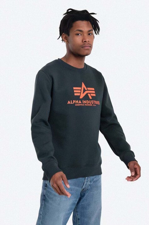 Alpha Industries bluza Basic Sweater męska kolor zielony z nadrukiem 178302.353