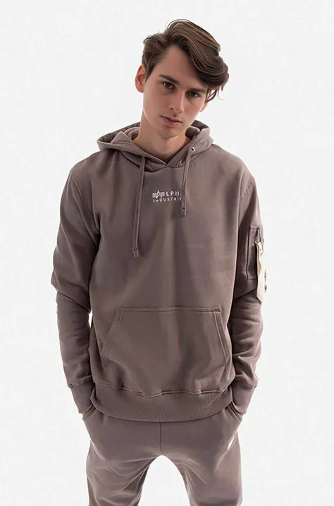 Bavlnená mikina Alpha Industries Organics EMB Hoody 118350.628-cream, pánska, béžová farba, s kapucňou, s nášivkou