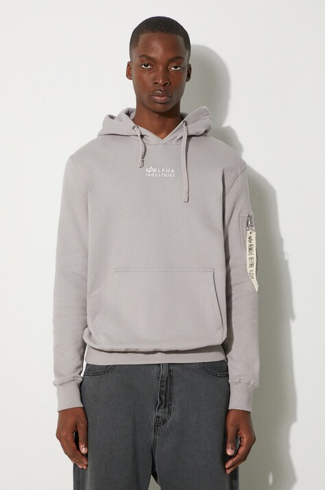 Alpha Industries bluza bawełniana Organics Emb Hoody męska kolor szary z kapturem z aplikacją 118350.643-SZARY