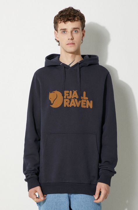 Хлопковая кофта Fjallraven мужская цвет синий с капюшоном с принтом F84144.555-555