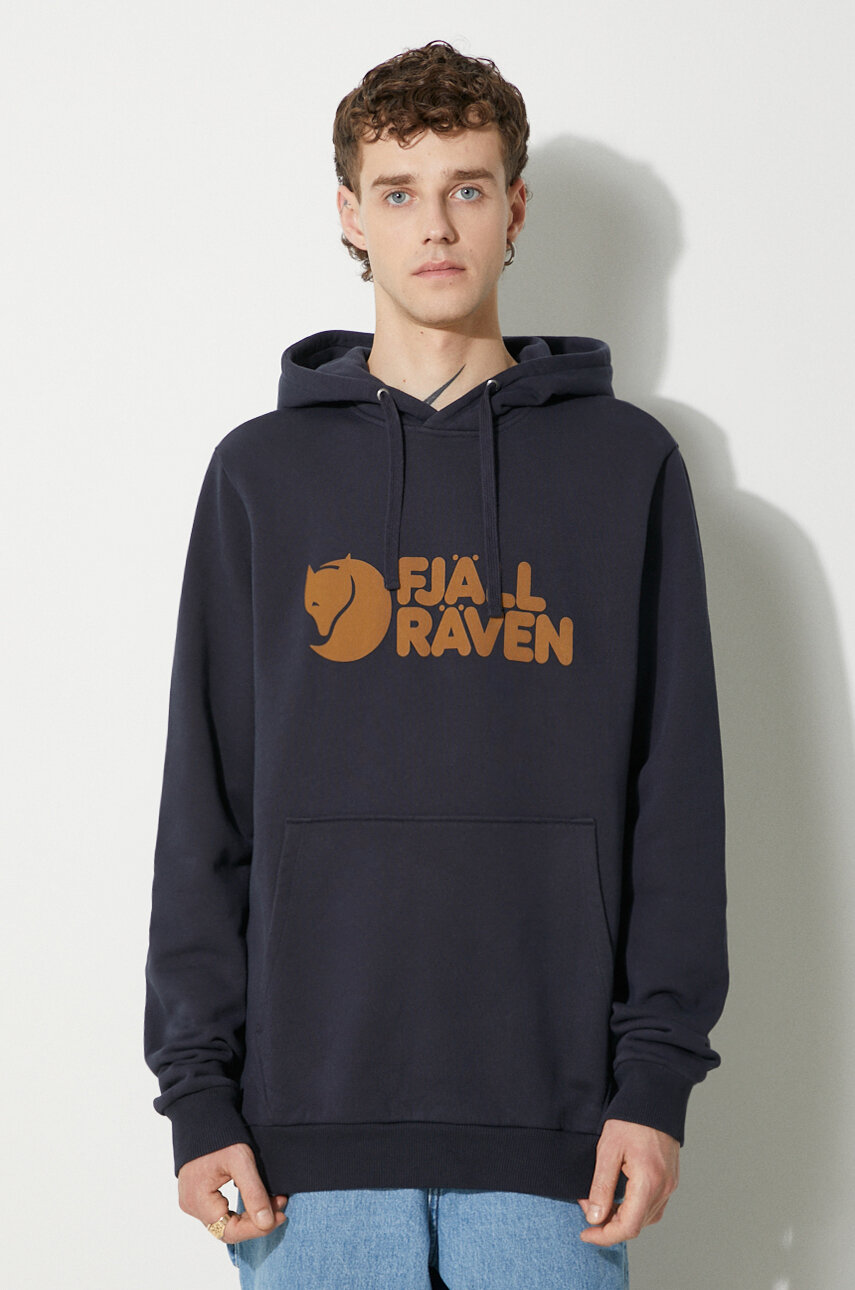 Bavlnená mikina Fjallraven F84144.555-555, pánska, tmavomodrá farba, s kapucňou, s potlačou