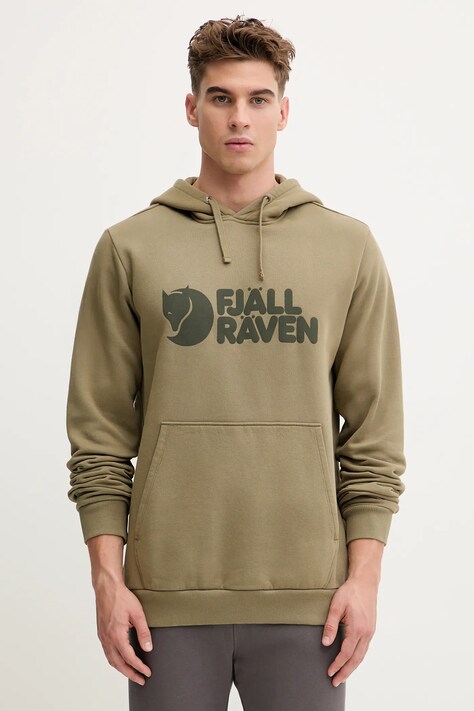 Bavlnená mikina Fjallraven Logo Hoodie F84144 622 pánska, zelená farba, s kapucňou, s potlačou