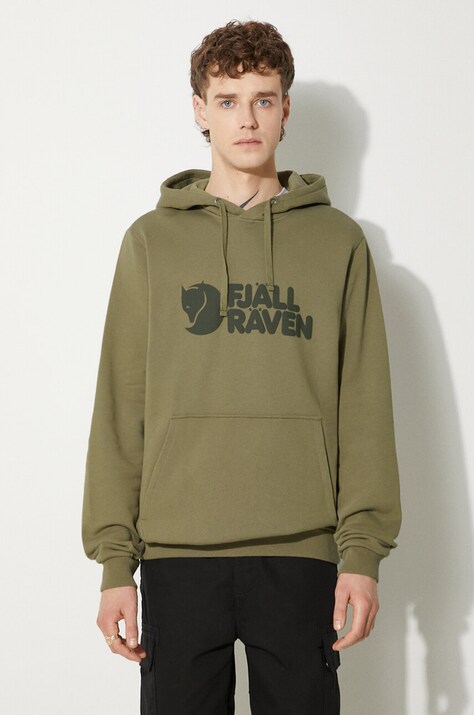 Хлопковая кофта Fjallraven мужская цвет зелёный с капюшоном с принтом F84144.622-622