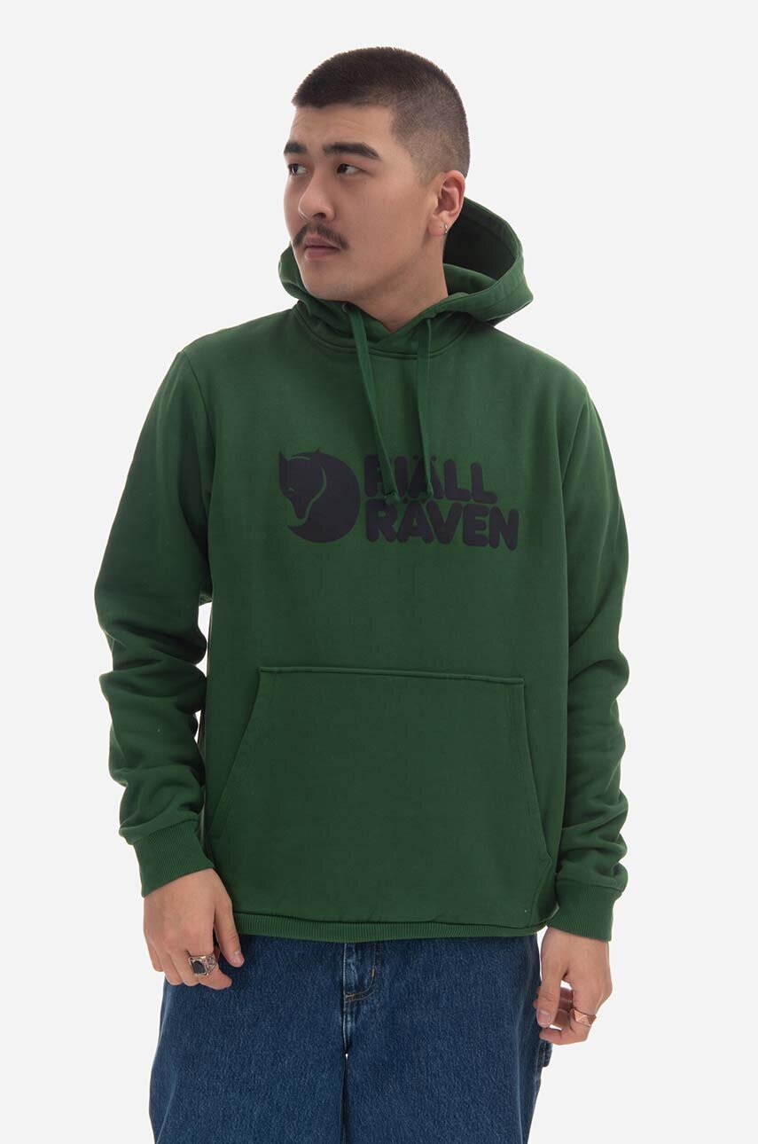 Bavlněná mikina Fjallraven Logo Hoodie pánská, zelená barva, s kapucí, potiskem, F84144