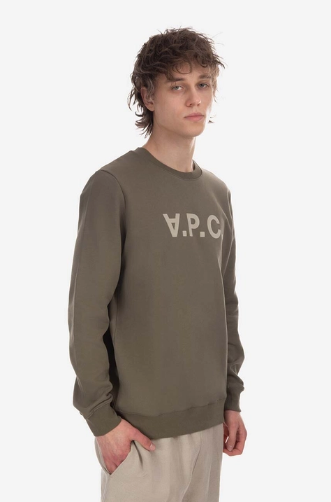 Хлопковая кофта A.P.C. мужская цвет зелёный с принтом COFAX.H27803-KHAKI/GREY