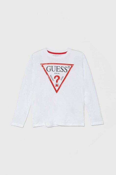 Дитячий бавовняний лонгслів Guess колір білий з принтом L84I29 K8HM0