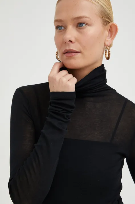 Памучна блуза с дълги ръкави American Vintage в черно с поло
