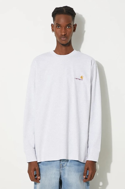 Bavlněné tričko s dlouhým rukávem Carhartt WIP Longsleeve American Script T-Shirt šedá barva, I029955.-ASH.HEATHE