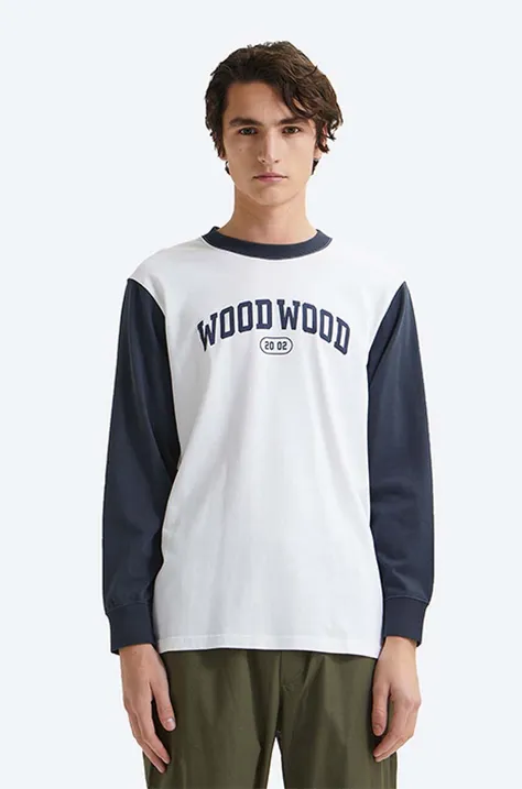 Bavlněné tričko s dlouhým rukávem Wood Wood Mark IVY Longsleeve bílá barva, s potiskem, 12135401.2489-WHITE