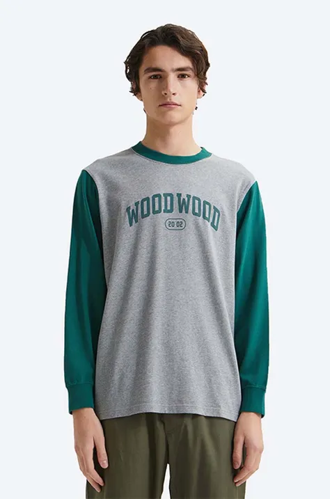 Bavlněné tričko s dlouhým rukávem Wood Wood Mark IVY Longsleeve šedá barva, s potiskem, 12135401.2489-WHITE