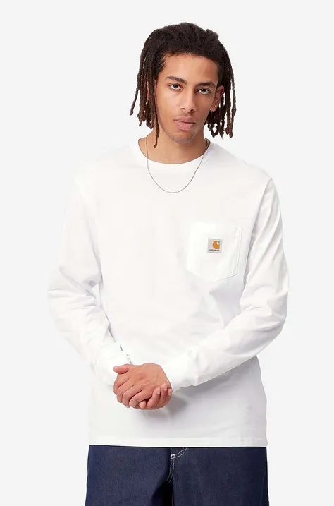 Bavlnené tričko s dlhým rukávom Carhartt WIP AMMONITE L/S Pocket T-Shirt I030437-WHITE, biela farba, jednofarebné,