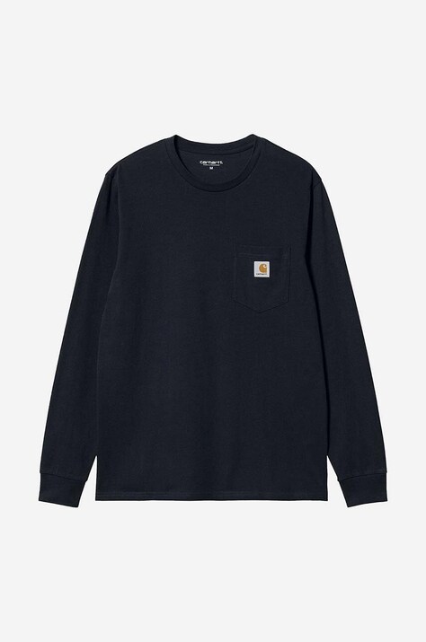 Bavlnené tričko s dlhým rukávom Carhartt WIP AMMONITE L/S Pocket T-Shirt I030437-WHITE, tmavomodrá farba, jednofarebné,