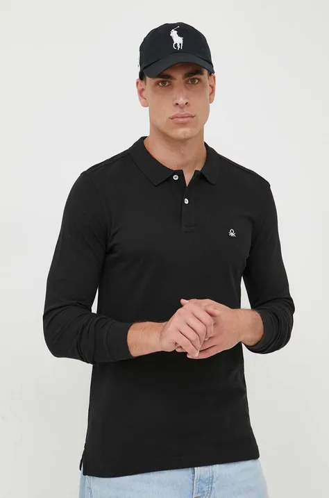 Памучна блуза с дълги ръкави United Colors of Benetton в черно с изчистен дизайн