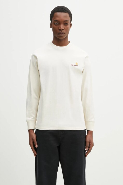 Памучна блуза с дълги ръкави Carhartt WIP L/S American Script T-Shirt в бежово с изчистен дизайн I029955.05XX