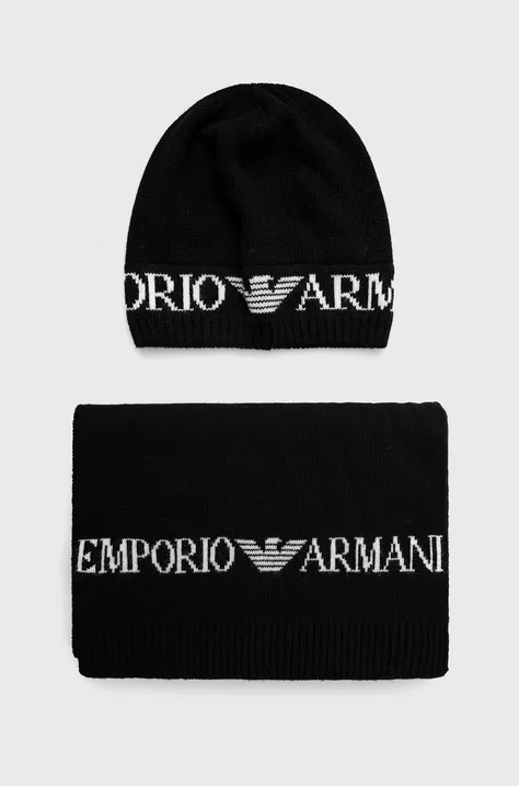 Шапка и шал с вълна Emporio Armani в черно