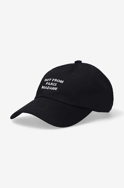 Памучна шапка с козирка Drôle de Monsieur La Casquette Slogan в черно с апликация PERM.PCAP2.BL