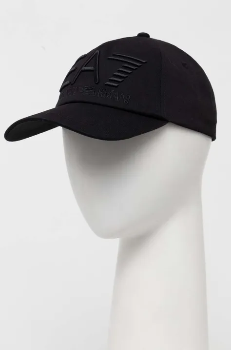 Pamučna kapa sa šiltom EA7 Emporio Armani boja: crna, s aplikacijom