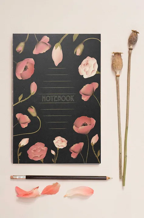 Vissevasse jegyzetfüzet Black With Flowers 14,2x21 cm