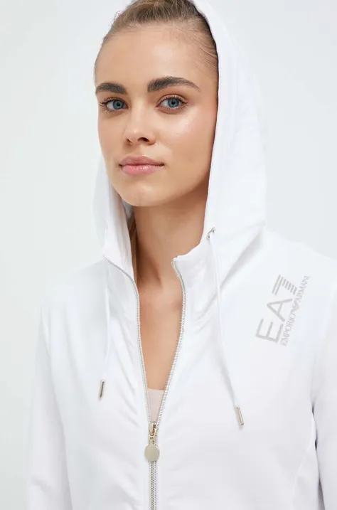 Mikina EA7 Emporio Armani dámska, biela farba, s kapucňou, s potlačou