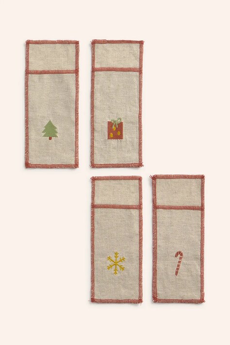 Calma House zestaw pokrowców na sztućce z lnem świąteczne Joy 21 x 8 cm 4-pack kolor multicolor