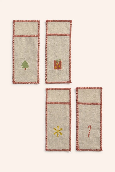 Calma House zestaw pokrowców na sztućce z lnem świąteczne Joy 21 x 8 cm 4-pack kolor multicolor