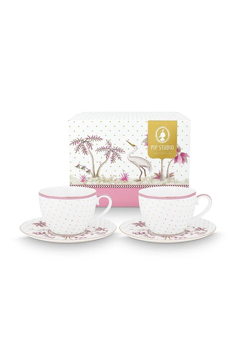 Pip Studio set de cești și farfurioare pentru 2 persoane. Jolie Dots 280 ml culoarea alb