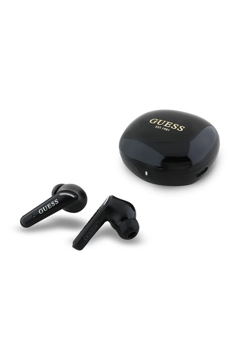 Bezdrátová sluchátka do uší Guess Flat Classic Logo Electroplated černá barva