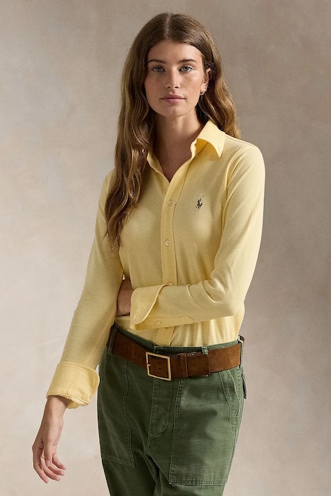 Polo Ralph Lauren camasa din bumbac femei, culoarea galben, cu guler clasic, regular, 211924258