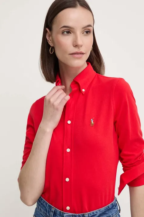 Памучна риза Polo Ralph Lauren дамска в червено със стандартна кройка с класическа яка 211924258