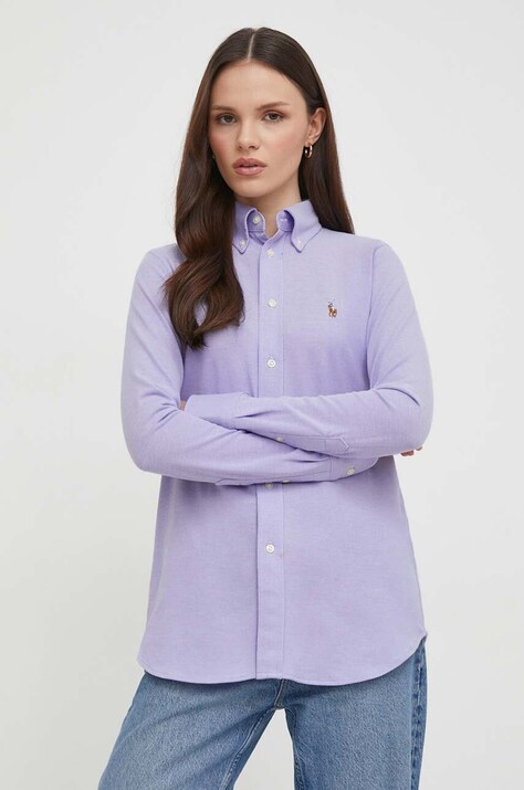 Polo Ralph Lauren camasa din bumbac femei, culoarea violet, cu guler clasic, regular, 211924258