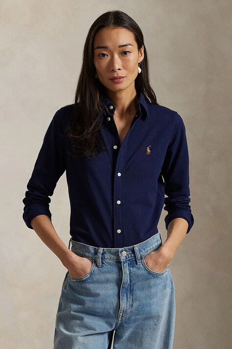 Хлопковая рубашка Polo Ralph Lauren женская цвет чёрный regular классический воротник 211924258