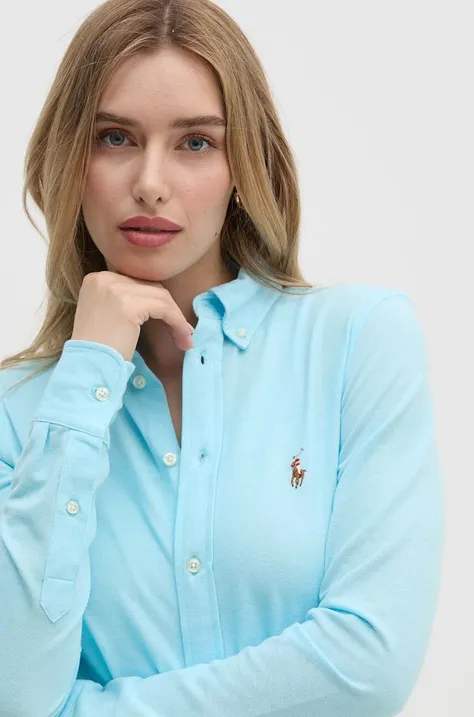 Bavlnená košeľa Polo Ralph Lauren dámska, tyrkysová farba, regular, s klasickým golierom, 211924258