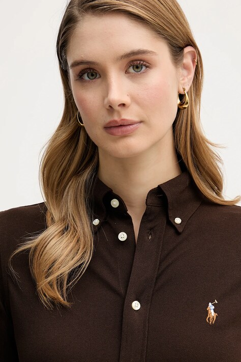 Polo Ralph Lauren koszula bawełniana damska kolor brązowy regular z kołnierzykiem klasycznym 211924258