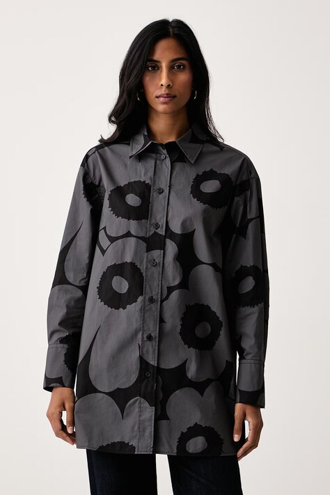 Marimekko Cămașă pentru femei din bumbac neagră înflorată 094724