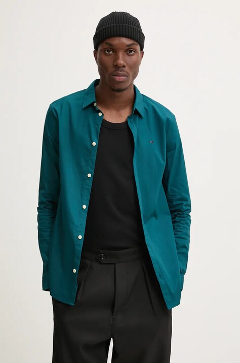Tommy Jeans camasa barbati, culoarea verde, cu guler clasic, slim, DM0DM04405