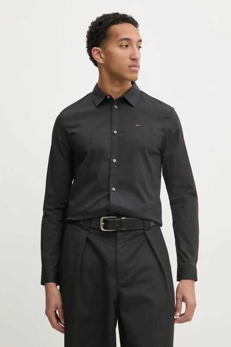 Tommy Jeans camasa barbati, culoarea negru, cu guler clasic, slim, DM0DM04405