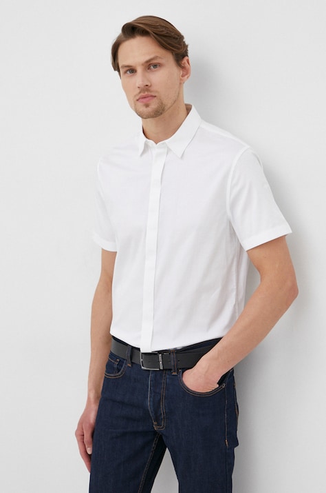 Armani Exchange camasa barbati, culoarea alb, cu guler clasic, slim